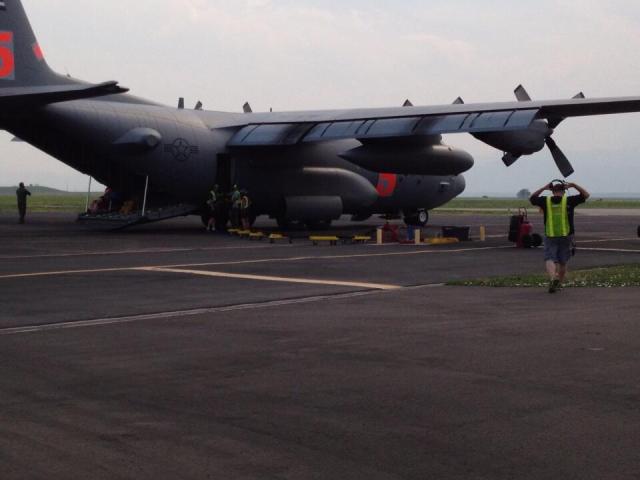 C130 MAFF reloading at Rocky Mountain Metro to fight Black Forest and Royal Gorge fires. Twitter Photo